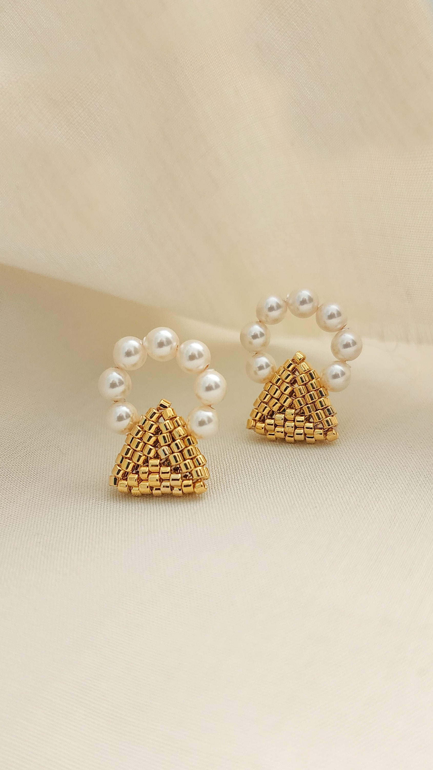 Triangle Studs With Pearl Loop, Gold Triangle Studs, Pearl Earrings ...