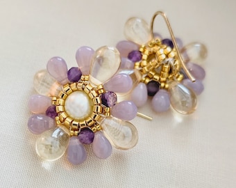 Peranakan earrings, purple flower earrings, pearl flower earrings, crystal earrings, beaded earrings, JeannieRichard