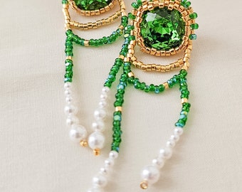 Green cushion cut studs, pearl dangle earrings, beaded green Swarovski crystal studs, JeannieRichard Statement earrings