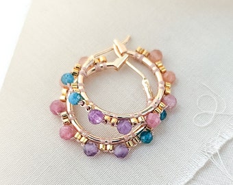 Rainbow colored hoops, blue purple pink, semi precious stones earrings, small gold hoops, beaded gold hoops, JeannieRichard