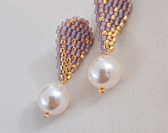 Purple pear shape dangle earrings, pearl drop earrings, beaded purple earrings, speckled gold studs, JeannieRichard