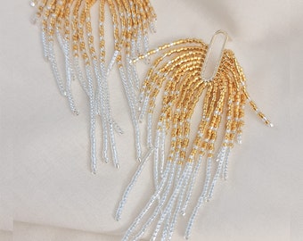 Silver Tassel Statement Earrings, Beaded Tassel Earrings, Silver and Gold Stud Earrings, Long Earrings, Gold Studs, JeannieRichard