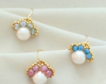Peony Peranakan earrings, beaded pearl earrings, gemstone earrings, green aventurine, blue apatite, pink tourmaline, dainty dangle earrings