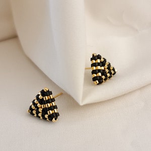 Triangle Studs, Art Deco Earrings, Beaded Studs, Black and Gold Studs, White and Gold Studs, Dainty Triangle Studs, Small Studs image 2