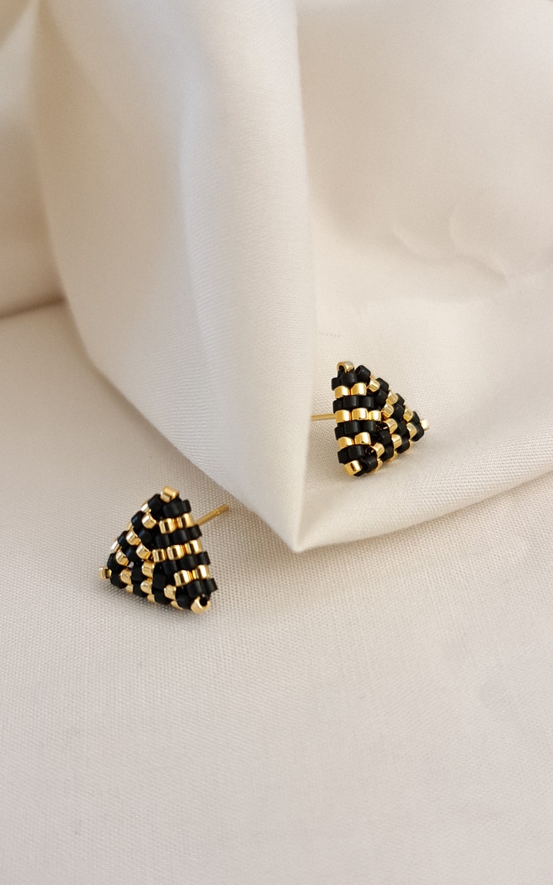 Triangle Studs, Art Deco Earrings, Beaded Studs, Black and Gold Studs, White and Gold Studs, Dainty Triangle Studs, Small Studs image 2