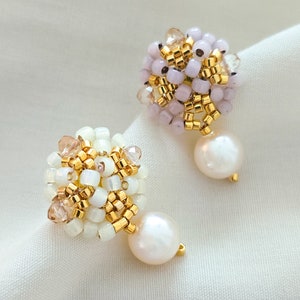 Peranakan earrings, ivory white earrings, blush pink earrings, pearl drop earrings, beaded earrings, JeannieRichard image 3