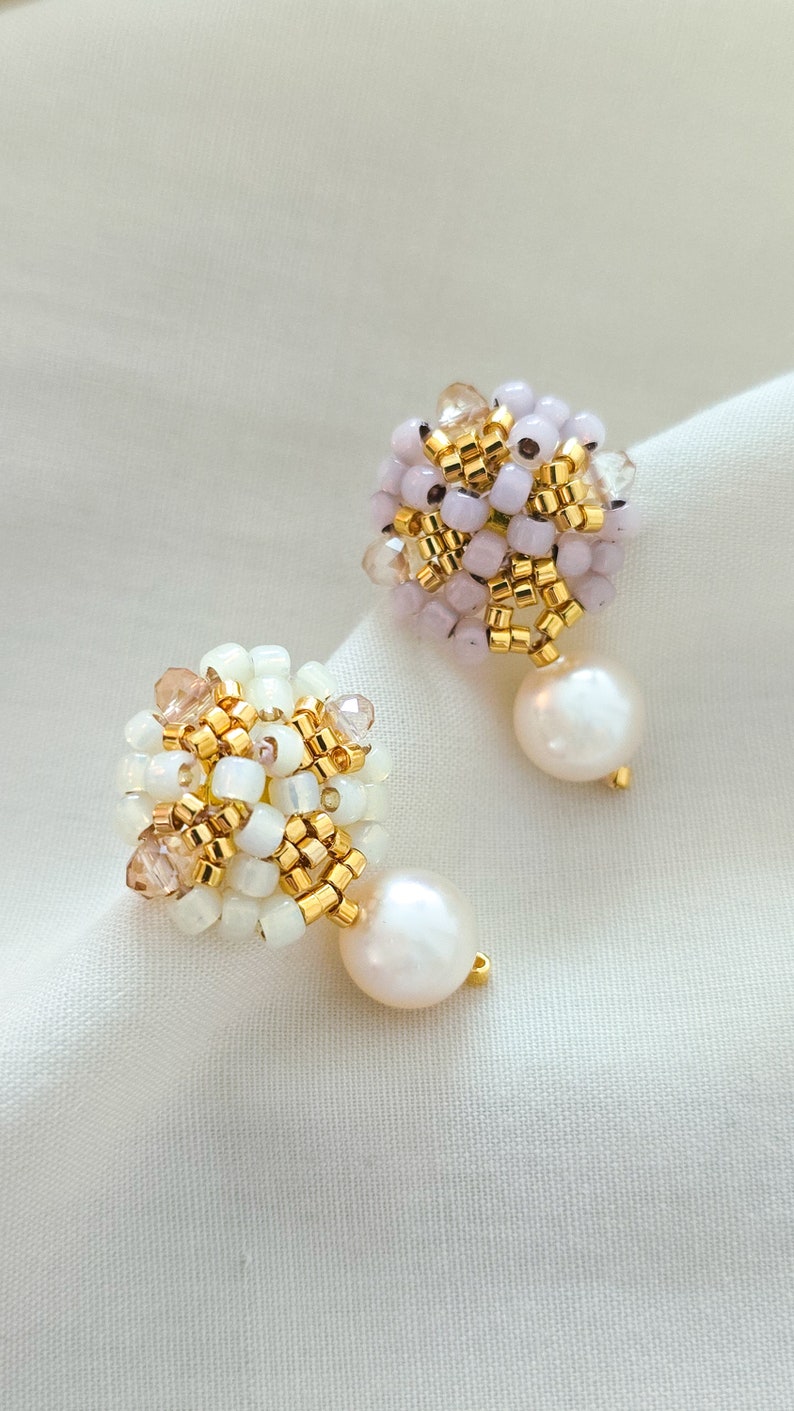 Peranakan earrings, ivory white earrings, blush pink earrings, pearl drop earrings, beaded earrings, JeannieRichard image 3