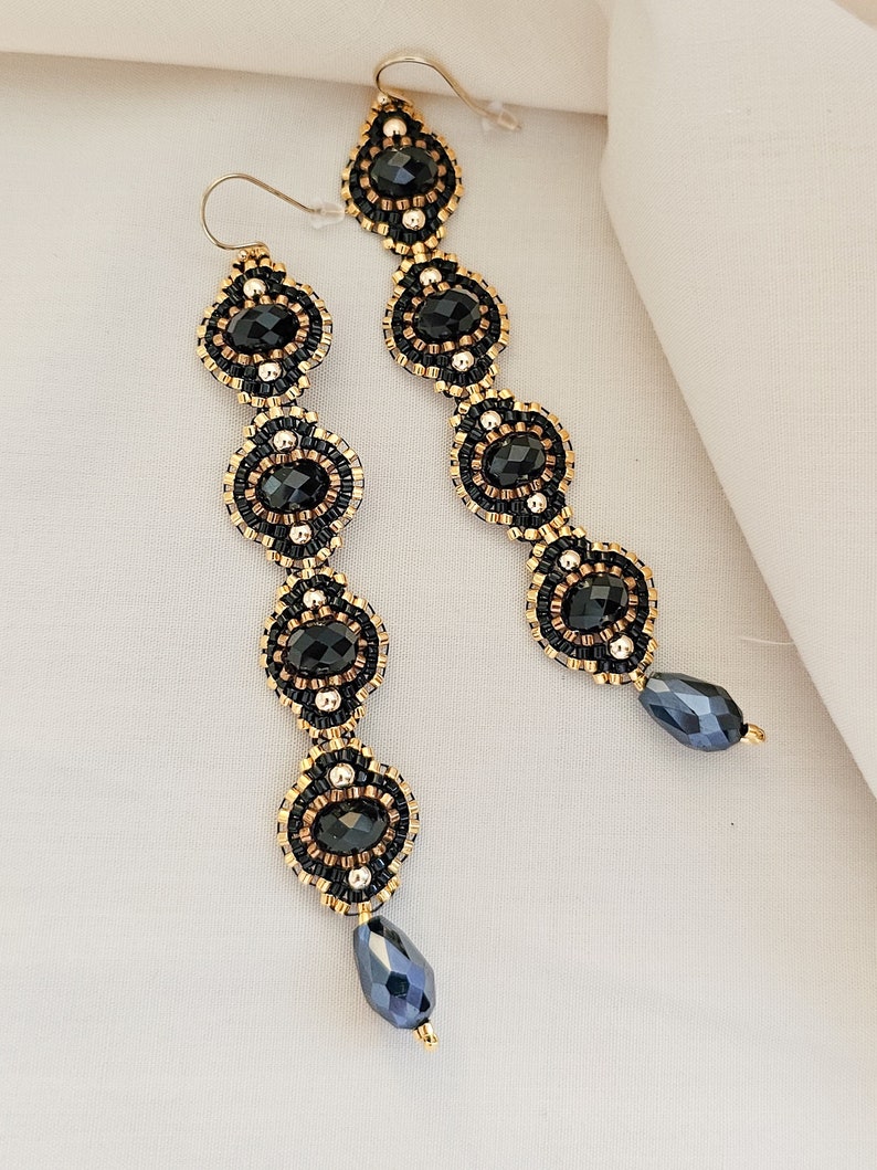 Long Tassel Earrings, Black Earrings, Black Flower Earrings, Statement Earrings, Black and Gold, OOAK, Elegant, Luxe image 2