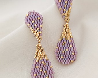 Pear shape purple and gold beaded dangle earrings