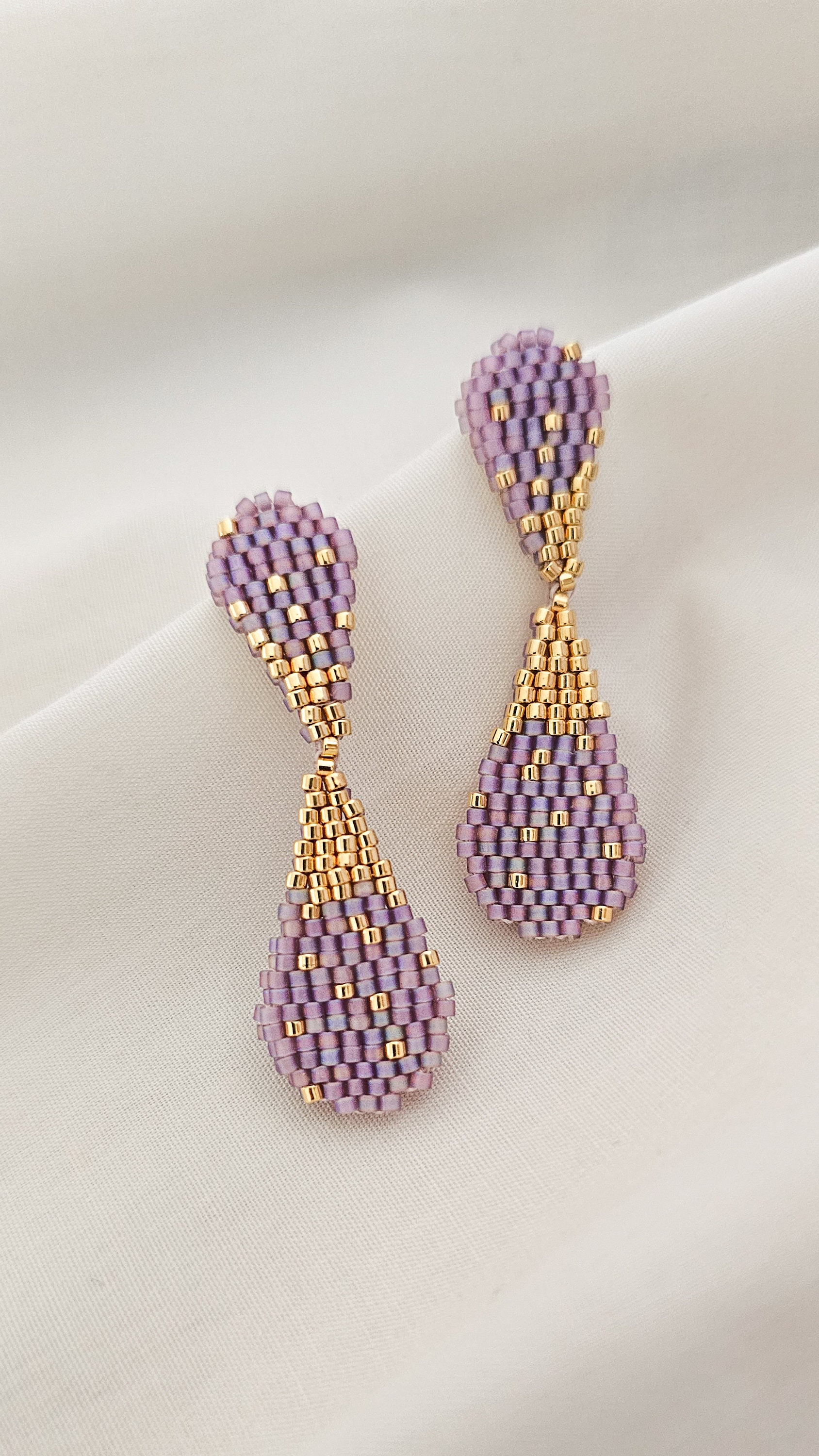 Pear Shape Purple and Gold Beaded Dangle Earrings - Etsy