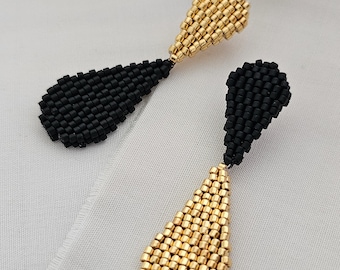 Teardrop dangle earrings, gold earrings, beaded earrings, mismatched earrings, gold and black dangle earrings, JeannieRichard