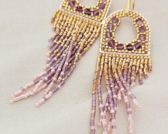 Purple fluorite stones beaded gold tassels earrings