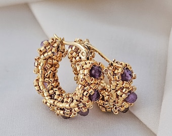 Gold Mini Hoops, Amethyst Stone Hoops, 20mm Gold Hoops, Beaded Flower Hoops, Purple Stone Hoops, Gold Beaded Hoops, JeannieRichard