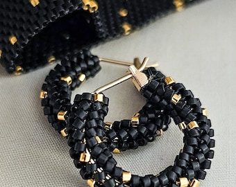 Black hoops, beaded small hoops, black and gold hoops, JeannieRichard