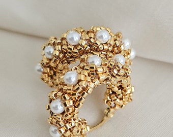 Pearl beaded gold hoops, small pearl hoops, beaded flower hoops, JeannieRichard