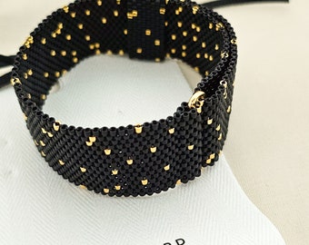 Black Cuff, gold speckled Cuff, statement black Cuff, Beaded Cuff, black slipon bracelet