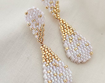 Teardrop dangle earrings, white and gold earrings, beaded earrings