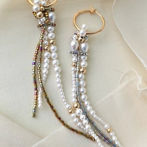 Pearls Hoops, Pearl Tassel Hoops, Pearl Dangles, Gold Small Hoops, Knotted Pearls, JeannieRichard image 4