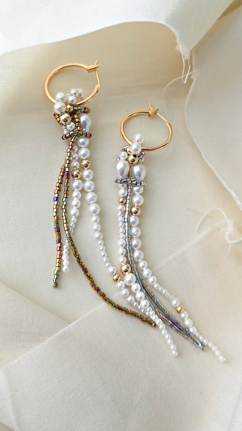 Pearls Hoops, Pearl Tassel Hoops, Pearl Dangles, Gold Small Hoops, Knotted Pearls, JeannieRichard image 4