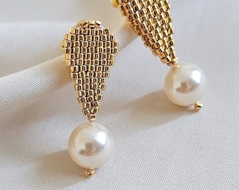 Gold pearl drop dangle earrings, Pearl drop earrings, beaded gold earrings, JeannieRichard