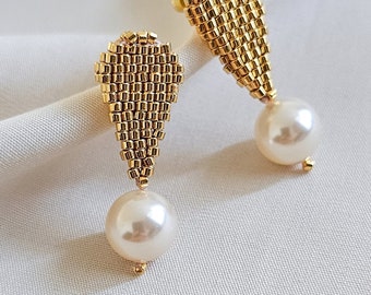 Gold pearl drop dangle earrings, Pearl drop earrings, beaded gold earrings, JeannieRichard