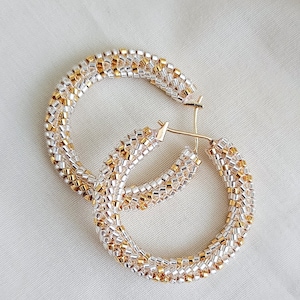 Silver and gold hoops, beaded hoops, medium sized hoops, JeannieRichard