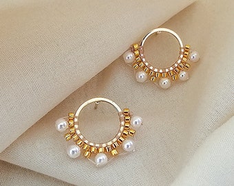 Gold Pearl Circle Stud Earrings, Circle Pearl Earrings, Pearl Studs, Gold Studs, Gold Circle Studs, JeannieRichard