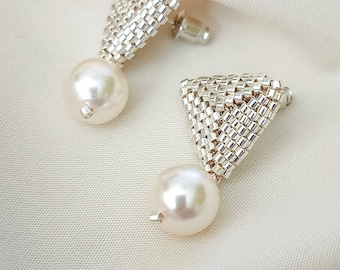 Pearl Drop Earrings, Silver Triangle Studs, Silver Pearl Dangles, Beaded Silver Earrings, Beaded Triangle Studs, JeannieRichard