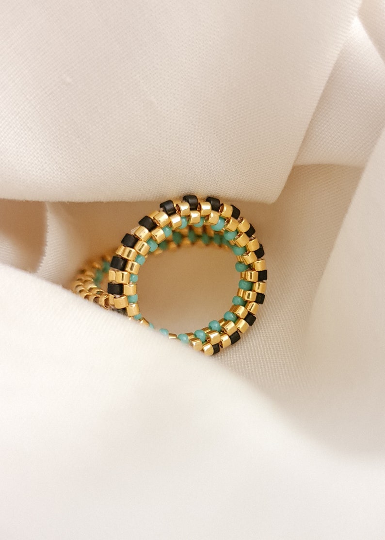 Circle Ring, Beaded Gold Ring, Art Deco Ring, Gold and Black Ring, Beaded Circle Gold Ring, Turquoise Ring, Round Ring, Statement Ring image 1