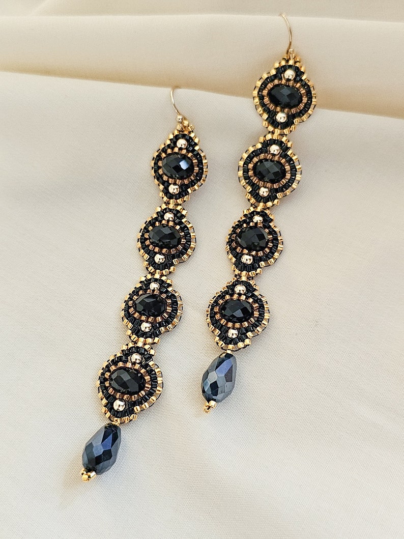 Long Tassel Earrings, Black Earrings, Black Flower Earrings, Statement Earrings, Black and Gold, OOAK, Elegant, Luxe image 4