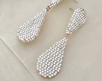 Silver teardrop dangle earrings, beaded silver earrings, JeannieRichard