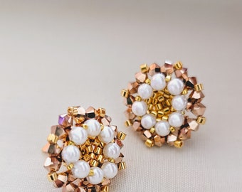 Intan Peranakan stud earrings, beaded pearl earrings, red earrings, blue earrings, gold earrings, beaded flower studs, pearl studs