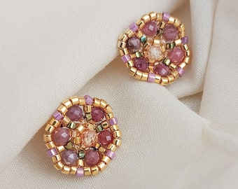 Primrose flower studs, flower beaded studs, pink tourmaline studs, pink studs, add on tassel, pearl Tassels, JeannieRichard