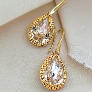 Clear Crystal Earrings, Pear Cut Earrings, Gold Earrings, Teardrop Earrings, Gold Beaded Earrings