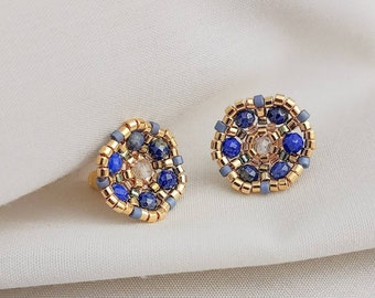 Primrose flower studs, flower beaded studs, lapis lazuli studs, blue studs, add on tassel, pearl Tassels, JeannieRichard