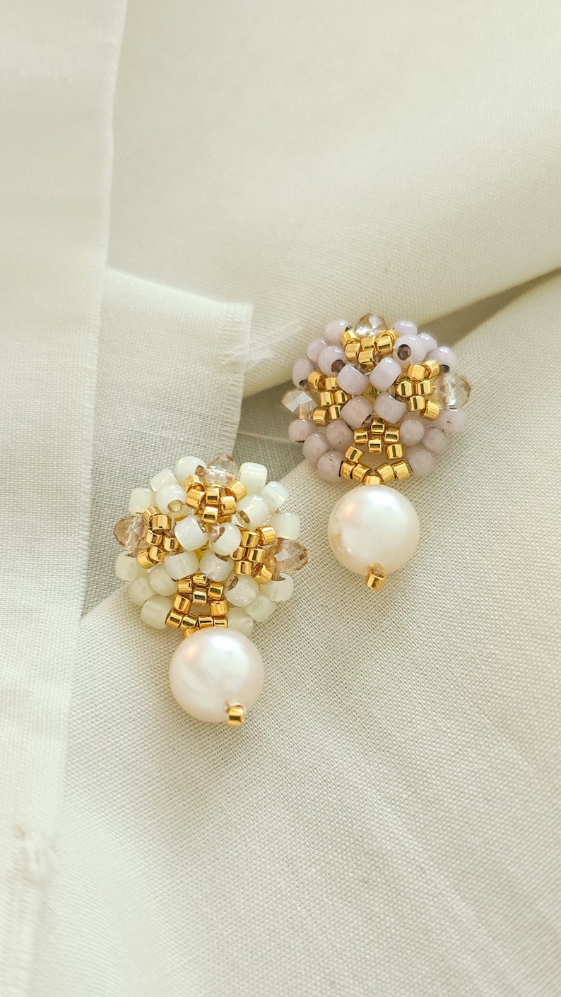 Peranakan earrings, ivory white earrings, blush pink earrings, pearl drop earrings, beaded earrings, JeannieRichard image 1