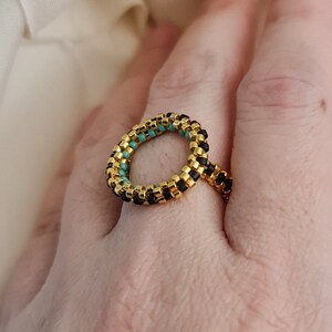 Circle Ring, Beaded Gold Ring, Art Deco Ring, Gold and Black Ring, Beaded Circle Gold Ring, Turquoise Ring, Round Ring, Statement Ring image 3