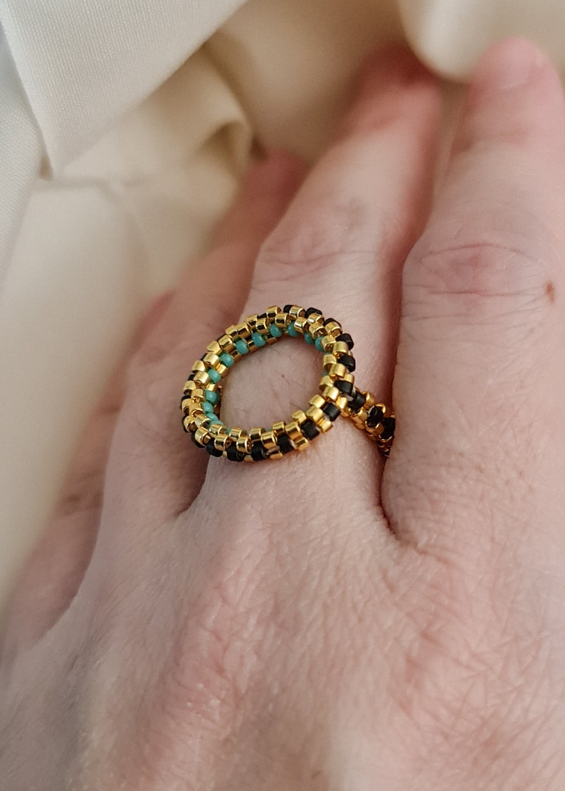 Circle Ring, Beaded Gold Ring, Art Deco Ring, Gold and Black Ring, Beaded Circle Gold Ring, Turquoise Ring, Round Ring, Statement Ring image 3