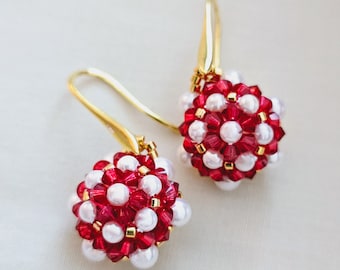 Peranakan earrings, Penyu, beaded turtle, red earrings, pearl earrings