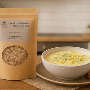 Puede incluir: Una bolsa de mezcla de sopa de patata y puerro ahumado junto a un cuenco de sopa y pan tostado. La sopa es cremosa con trozos de patata y guarnición verde. La bolsa tiene una ventana transparente que muestra ingredientes secos. El peso neto es 150g.