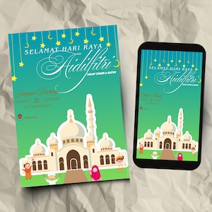 Op de afbeelding: Een turquoise en groene uitnodiging en smartphone display met de tekst "SELAMAT HARI RAYA Aidilfitri's MAAF ZAHIR & BATIN". De uitnodiging en telefoon tonen een moskee-illustratie met cartoonfiguren en de datum oktober 2024.