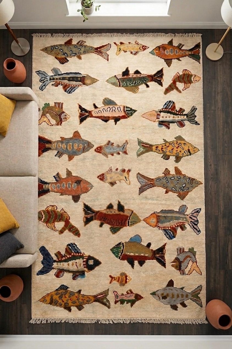 Hand Knotted Wool Rug With Fish Design – Handmade Artisan Area Rug ...