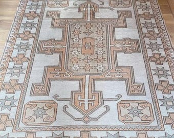 Handgeknüpfter Oushak Wollteppich | Vintage Tribal Geometrischer Teppich | Benutzerdefinierte Größe und Farbe | Traditioneller Handgewebter Wollteppich.