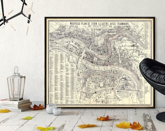 Lyon map - Large wall map of Lyon, archival print on paper or canvas, 35 x 42 inches