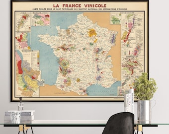 Carte des vins de France ancienne montrant les régions viticoles, impression d'art carte de France, idée cadeau pour la maison