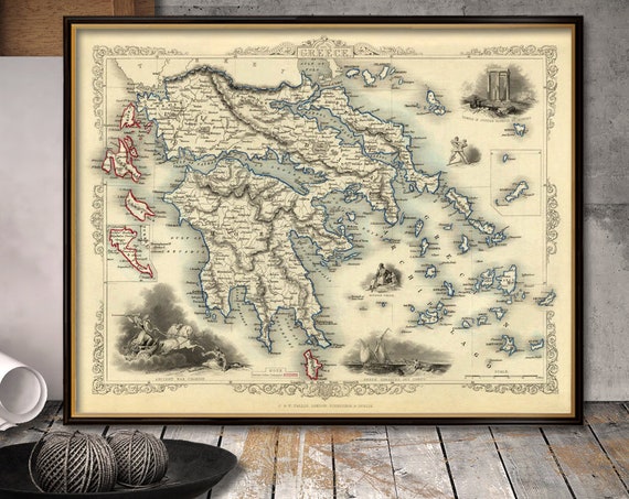 Greece map - Vintage map of Greece  - Old map fine reproduction on matte canvas or paper