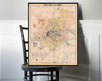 Map of Nancy, old city plan, decorative wall map, vintage style, fine print