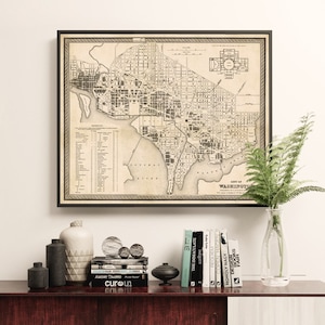 Ancienne carte de Washington DC, affiche de carte historique aux couleurs sépia, imprimée sur toile mate ou papier couché