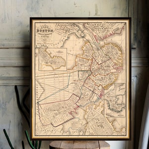 Ancienne carte de Boston - Grande carte vintage - Carte de Boston restaurée - Impression d'archives sur papier ou toile