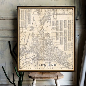 Ancienne carte de Long Beach - plan de la ville vintage restauré, reproduction de carte murale, deux versions, disponible sur papier ou sur toile